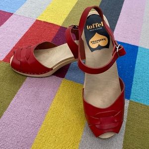 Like new Swedish Hasbeens red heeled sandals.